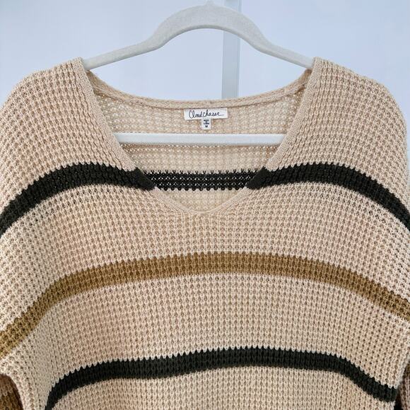 Cloud Chase Knit Sweater Tan/Brown/Green Open Knit V-Neck WMNS M Long Sleeve Top - Picture 7 of 8